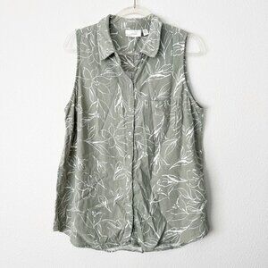 EcoThreads Womens Large Sage Green Linen Sleeveless Button Front Blouse Top